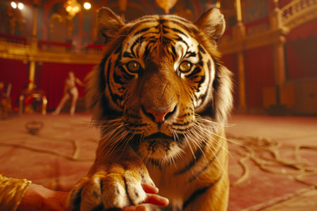 A close-up of a person fearlessly petting a majestic tiger, showcasing trust and connection between human and wild animal.の素材