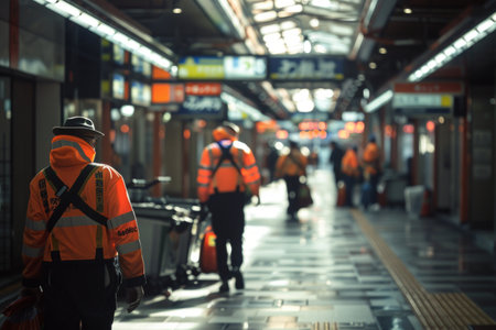 A diverse group of people in various outfits are seen gracefully moving through a bustling train station, with some carrying bags and others engaged in conversation.の素材