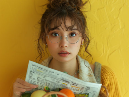 A surprised girl with glasses holding a newspaper and fruit, reacting to the prices at the market.の素材