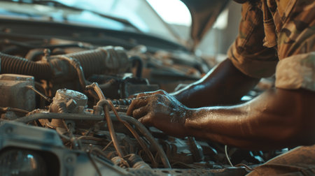 A man is shown intently working on a car engine inside a garage.の素材