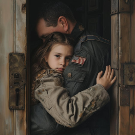 A man and a little girl stand side by side in a doorway, looking out onto the street.の素材