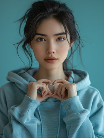 An Asian woman wearing a blue hoodie holds a heart in her hand.の素材