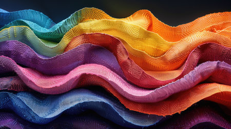 Close-up detailed view of a rainbow colored wave in textile fabric.の素材