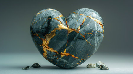 An artistic heart-shaped rock with a visible crack running through it, showcasing the beauty of natures erosion process.の素材