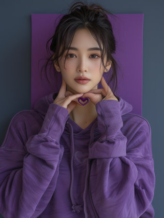An Asian woman wearing a purple jacket poses for a picture.の素材