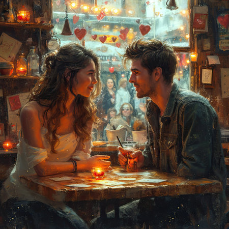 A man and woman are seated at a table near a window, likely enjoying a Valentines Day celebration.の素材