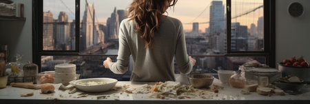 A woman stands in front of a kitchen window, gazing outside while in a relaxed state.の素材