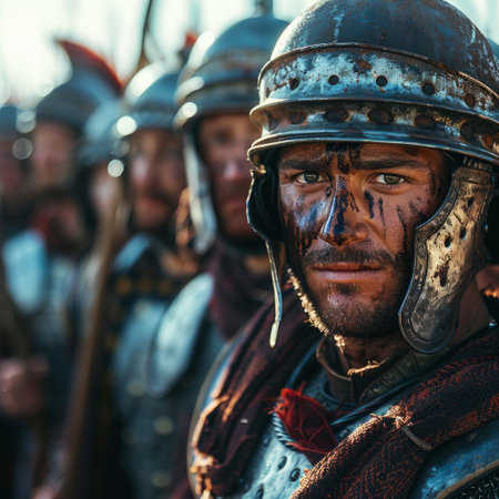 A close-up of a Roman legionnaire clad in armor, wearing a distinctive helmet with intricate designs, ready for battle.の素材