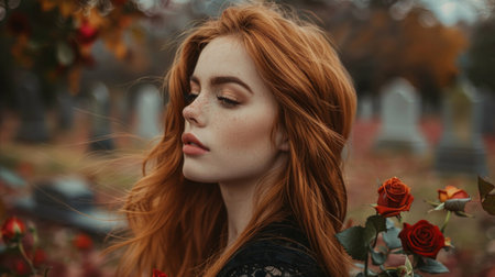 A woman with flowing scarlet hair tenderly holds a single rose, finding solace in its delicate beauty.の素材