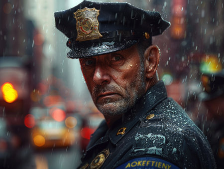A man in a police uniform stands alone in the pouring rain, showcasing resilience and dedication to duty.の素材