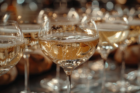 Glasses of champagne on blurred background, closeup. Celebration conceptの素材