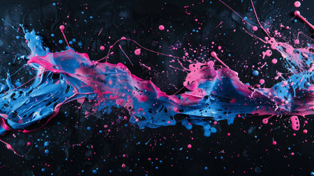 Vibrant blue and pink paint splatters contrast vividly against a deep black background, creating a dynamic and abstract composition.の素材