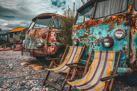 A row of colorful beach chairs lined up next to an old bus, creating a nostalgic and relaxing camping scene on the beach.の素材