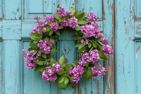 A vibrant wreath hangs elegantly on a blue door, adding a touch of festive charm to the entrance.の素材