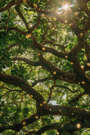 The suns golden rays filter through the lush tree branches, creating a mesmerizing dance of light and shadows on the forest floor.の素材