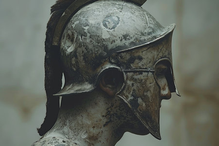 A close-up of a stoic statue, its helmet gleaming under the sunlight, embodying strength and resilience.の素材