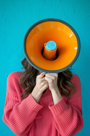 A woman holds a large orange and blue object over her face, resembling a mysterious mask, as if unveiling hidden truths or summoning ancient spirits.の素材