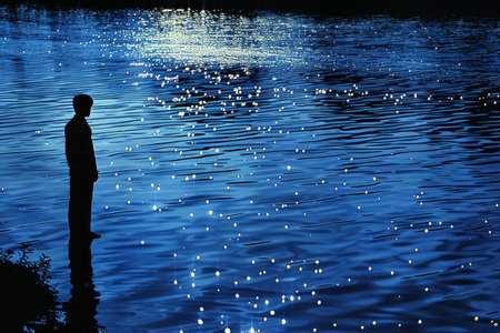 A silhouette of a man standing confidently in the center of a serene body of water, surrounded by calm ripples and a peaceful atmosphere.の素材