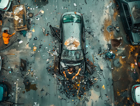 An aerial view of a severely damaged car in a parking lot, showcasing the aftermath of a devastating car accident.の素材