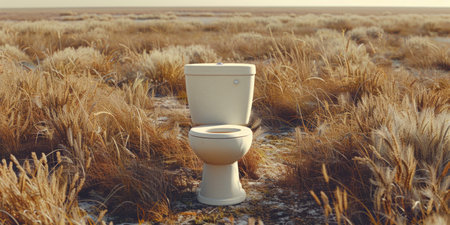 A solitary toilet stands amongst a sea of tall grass in a remote wheat field, creating a surreal and unexpected sight.の素材