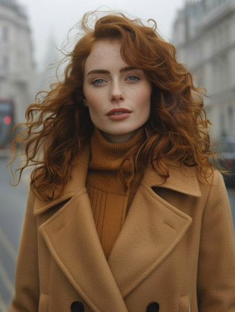 A striking red-haired woman is gracefully walking down a bustling city street, her vibrant hair flowing in the wind.の素材
