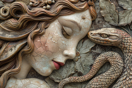 A close-up view of a stunning statue of a woman entwined with a snake, symbolizing the temptation of Eve with the forbidden fruit.の素材