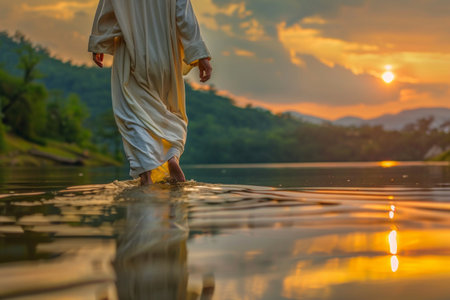 A man gracefully walks across the calm body of water as the sun sets in the background, casting a warm and serene glow over the scene.の素材