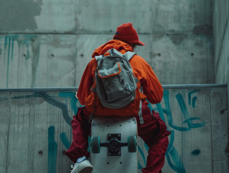 A skater with a backpack gracefully glides up a ramp, the wheels of their skateboard spinning beneath them.の素材