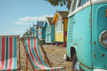 A colorful row of beach chairs stands next to a vintage VW bus parked on the sandy shore, offering a picturesque scene of relaxation and retro charm.の素材