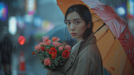 A graceful woman stands beneath an umbrella, holding a vibrant bouquet of flowers, surrounded by the peaceful setting of a cemetery.の素材