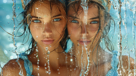 Two beautiful young women stand together under a large umbrella on the beach.の素材