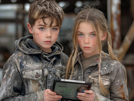 A pair of children standing side by side in a casual pose.の素材