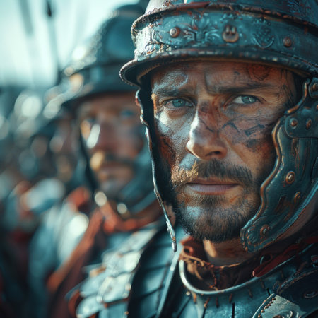 A group of men clad in armor and helmets, resembling Roman legionnaires, stand ready for battle with weapons in hand.の素材