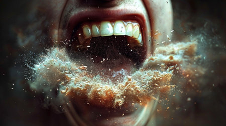 A person with their mouth wide open, food spilling out, accompanied by broken teeth and a fist.の素材