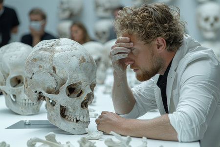 A man sits at a table, deep in thought, with a skull placed in front of him, symbolizing reflection on mortality and the mysteries of life and death.の素材