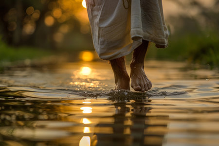 A solitary figure walks serenely through the rippling water as the sun sets in a fiery blaze, creating a moment of peaceful contemplation in the midst of natures chaos.の素材