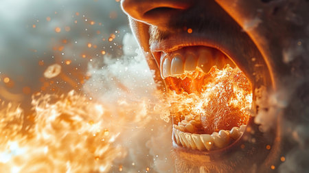 Close-up view of a persons mouth with fire coming out of it, revealing a fist and broken teeth.の素材