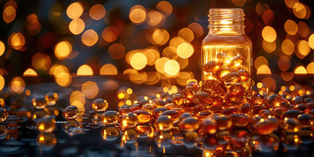 A glass jar filled with numerous shiny gold beads, creating a visually striking display of wealth and luxury.の素材