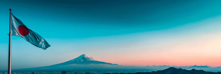 iconic red circle of the Japanese flag gracefully flutters in the wind, set against the backdrop of a towering, picturesque mountain.の素材