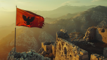 vibrant flag of Albania flutters proudly atop a majestic castle, symbolizing strength, heritage, and resilience.の素材