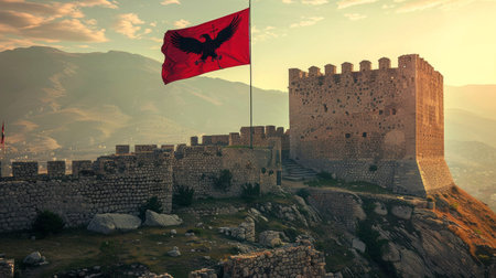 vibrant red flag is proudly waving on top of a majestic castle, symbolizing power and strength.の素材