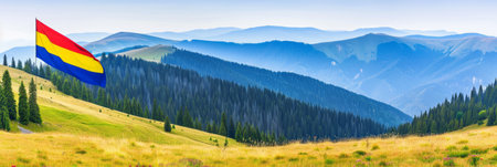 vibrant flag of Colombia waving gracefully against the backdrop of majestic mountains.の素材