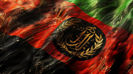 flag of Afghanistan proudly flutters in the wind with its tricolor design of black, red, and green, along with the national emblem in the center.の素材