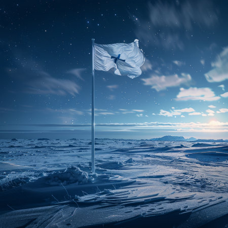 white flag flutters in the sky above a serene snowy landscape, symbolizing peace and tranquility.の素材