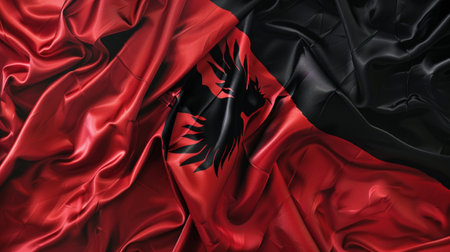 bold red and black flag gracefully flutters in the wind, featuring a striking black eagle as its centerpiece.の素材