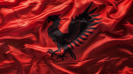 regal flag dominates the scene, showcasing a striking black eagle emblem that exudes strength and authority.の素材