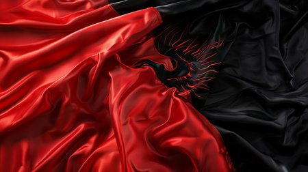 vibrant red and black flag adorned with a striking dragon design, showcasing a symbol of power and strength.の素材