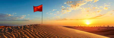 vibrant red flag flutters atop a majestic sand dune as the sun sets, casting a warm glow over the vast desert landscape.の素材