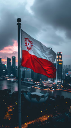 national flag of Singapore gracefully flutters in the wind, symbolizing unity, progress, and strength.の素材