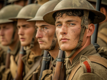A group of soldiers, uniformed in the attire of the First World War, stand in formation for a photograph, showcasing their unity and bravery in the face of adversity.の素材